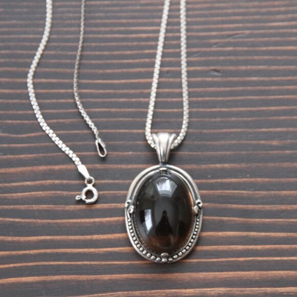 Sterling Smoky Quartz Cabachon Necklace with 925 Chain - Picture 6 of 10